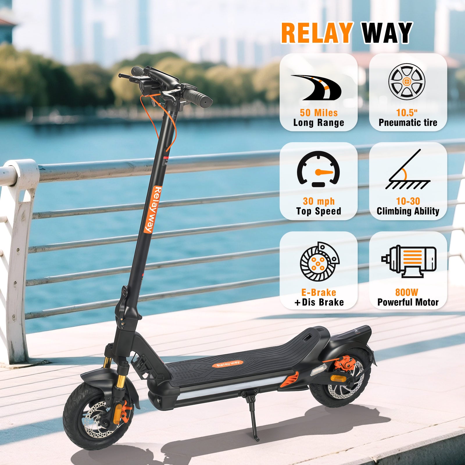 Motor 800W/50 Miles Range /300 lb Capacity RelayWay Off Road Electric Scooter Long Range, Fast Electric Scooter 30 Mph Speed, 300+ lb Capacity & Dual Suspension